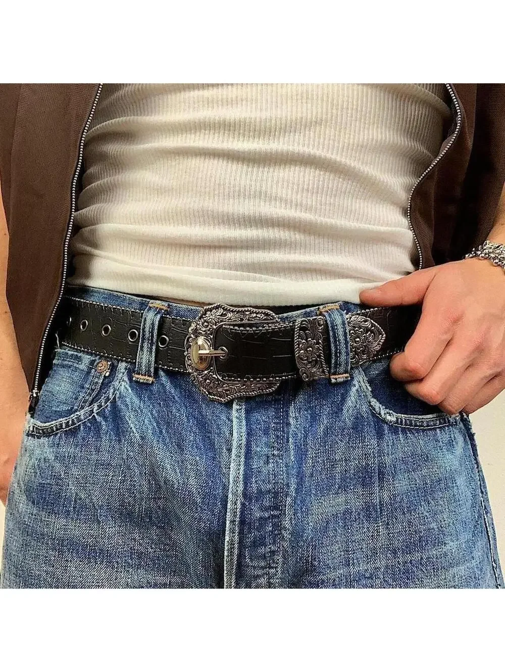 Y2K Western Boho Black Brown Belt 38.5 Inch Unisex